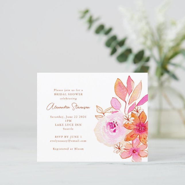 Budget Pink Orange Floral Bridal Shower Invitation (Standing Front)