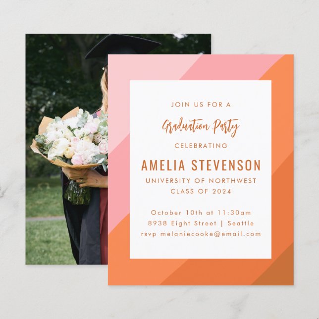 Budget Pink Orange Photo Graduation Party Invite (Front/Back)