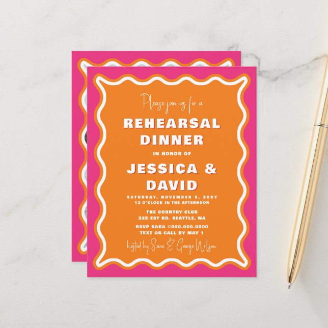 Budget Pink Orange Photo Rehearsal Dinner Invite (Front/Back In Situ)