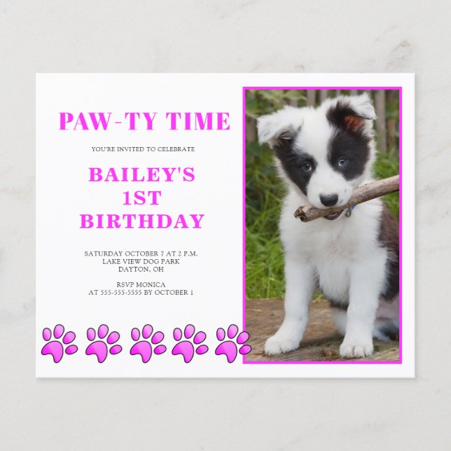 Budget Pink Pawty Time Dog Birthday Invitation Flyer (Front)