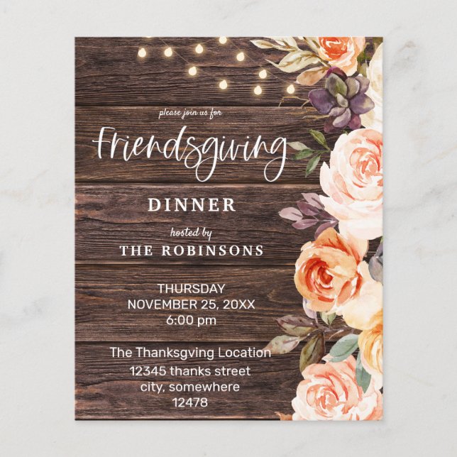Budget Pink & Peach Floral w Lights Friendsgiving Flyer (Front)