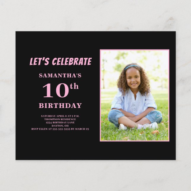 Budget Pink Photo 10th Birthday Invitation  Flyer (Front)