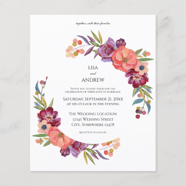 Budget Pink & Plum Tropical Floral 3 Wedding Flyer (Front)