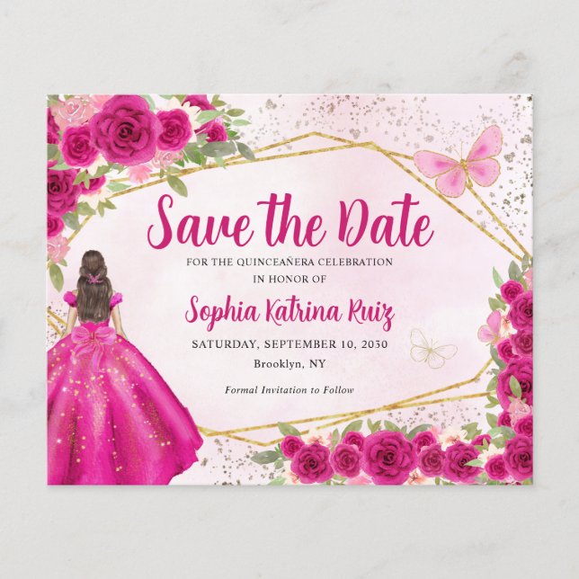 Budget Pink Princess Quinceañera Save the Date (Front)