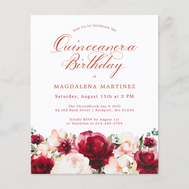 Budget Pink Red Floral Quinceanera Invite (Front)