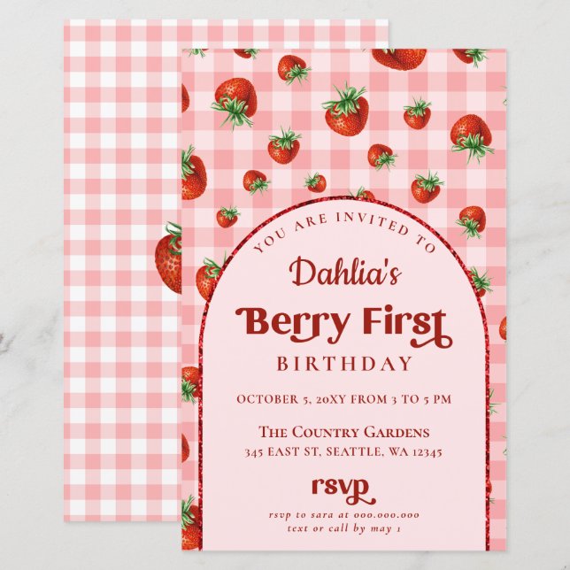 Budget Pink Red Strawberry 1st Birthday Invitation (Front/Back)