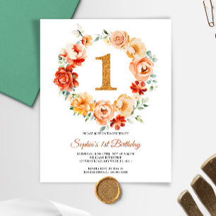 Budget Pink & Red Wreath 1st Birthday Invitation