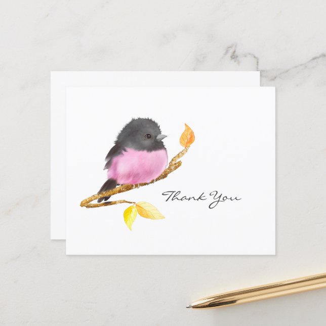 Budget Pink Robin Bird All Occasion Thank You Card (Front/Back In Situ)
