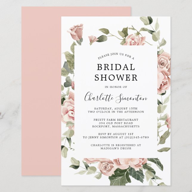 Budget Pink Rose Floral Bridal Shower Invitation (Front/Back)