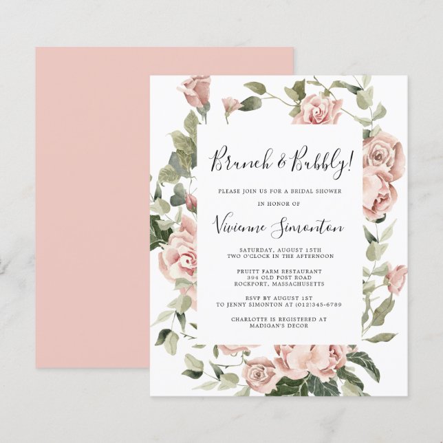 Budget Pink Rose Floral Brunch Bubbly Invitation (Front/Back)