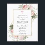 Budget Pink Rose Floral First Communion Invitation<br><div class="desc">Elegant and feminine First Communion invitation features beautiful pink roses and white hydrangea flowers decorating an oval gold frame. All of the text is editable so you can also use it for any type of religious ceremony, Baptism, Christening, Dedication or Confirmation. This item is part of the Pink Rose First...</div>