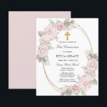 Budget Pink Rose Floral First Communion Invitation<br><div class="desc">Elegant and feminine First Communion invitation features beautiful pink roses nestled in soft green foliage decorating an oval gold frame. The roses and leaves have glitter details to add a touch of sparkle. All of the text is editable so you can also use it for any type of religious ceremony,...</div>