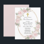 Budget Pink Rose Floral First Communion Invitation<br><div class="desc">Elegant and feminine First Communion invitation features beautiful pink roses nestled in soft green foliage decorating an oval gold frame. The roses and leaves have glitter details to add a touch of sparkle. All of the text is editable so you can also use it for any type of religious ceremony,...</div>