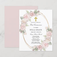 Budget Pink Rose Floral First Communion Invitation