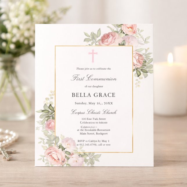 Budget Pink Rose Floral First Communion Invitation (Creator Uploaded)