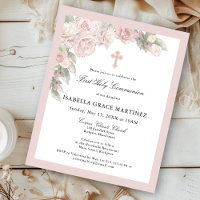 Budget Pink Rose Floral First Communion Invitation