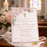 Budget Pink Rose Floral First Communion Invitation<br><div class="desc">Elegant and feminine First Communion invitation features beautiful pink roses nestled in soft green foliage. The roses and leaves have glitter details to add a touch of sparkle. All of the text is editable so you can also use it for any type of religious ceremony, Baptism, Christening, Dedication or Confirmation....</div>
