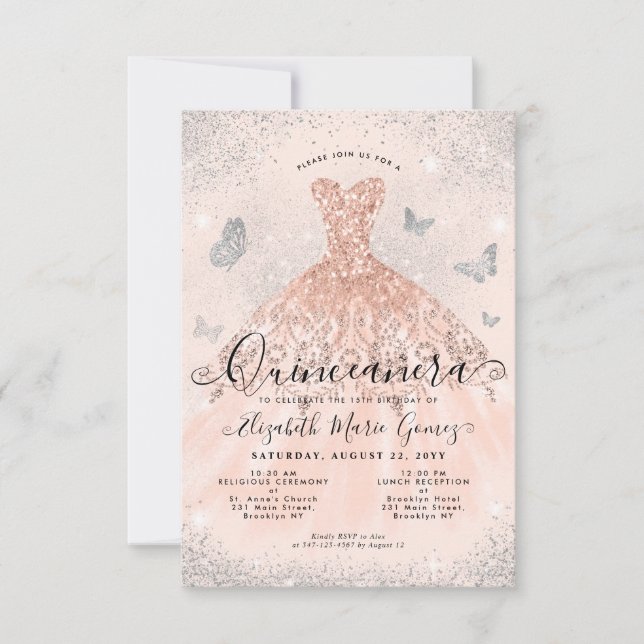 Budget Pink Rose Gold Glitter Gown Quinceanera Card (Front)