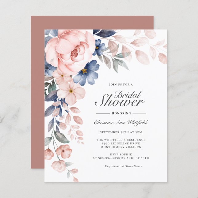 Budget Pink Script Floral Bridal Shower Invitation (Front/Back)