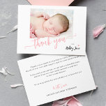 Budget pink script photo baby shower thank you card<br><div class="desc">Trendy modern minimal pink typography script girl baby shower budget affordable small thank you card template personalized with newborn baby photo and your text.</div>