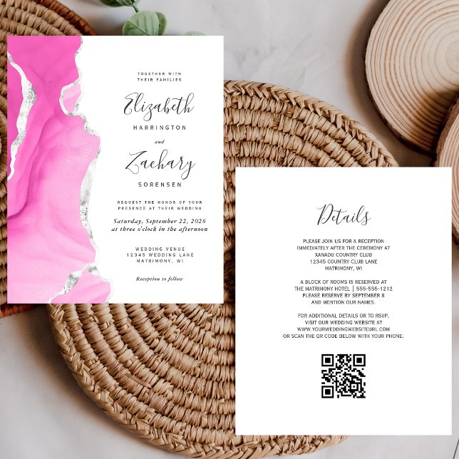Budget Pink Silver Agate QR Code Wedding Invite (Creator Uploaded)