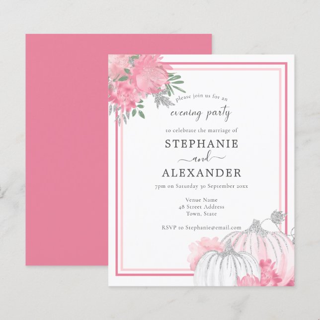 Budget Pink & Silver Pumpkin Wedding Party Invite (Front/Back)