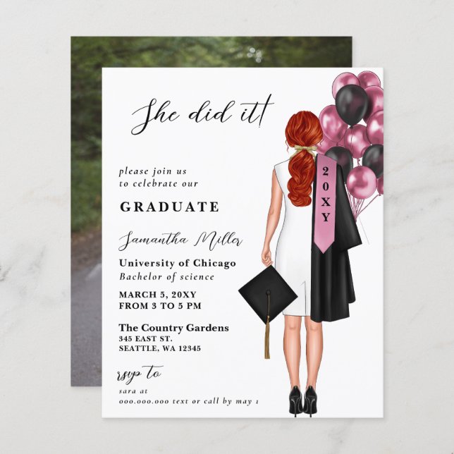 Budget Pink Simple Photo She Did It Graduation (Front/Back)