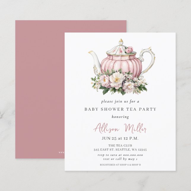 Budget Pink Tea Party Girl Baby Shower Invite (Front/Back)