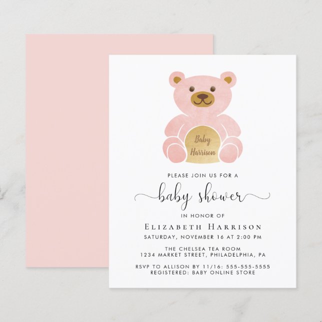 Budget Pink Teddy Bear Baby Girl Shower Invitation (Front/Back)