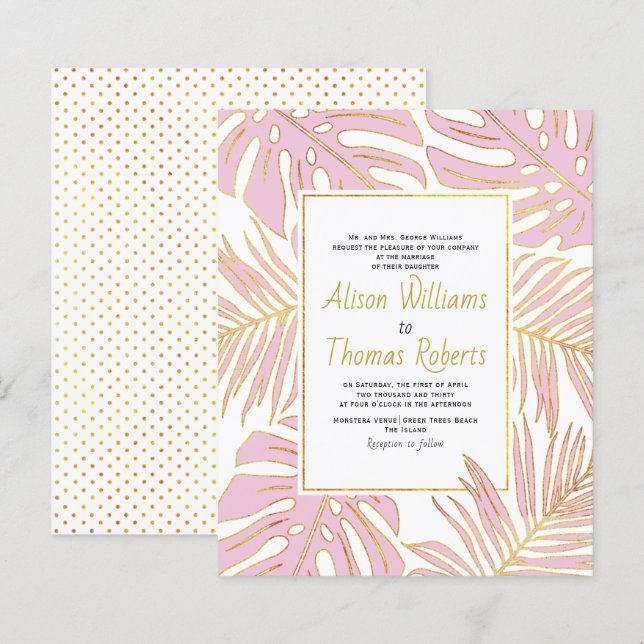BUDGET pink tropical leaves wedding invitation (Front/Back)