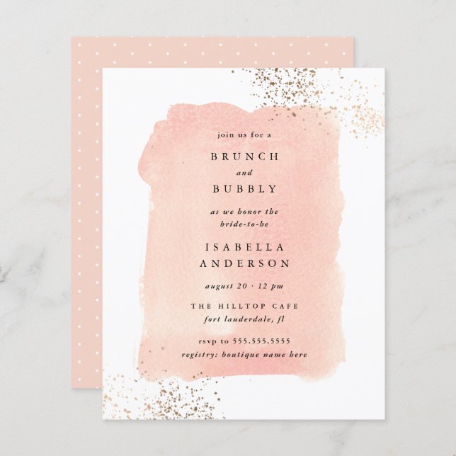 Budget Pink Watercolor Brunch Bubbly Bridal Shower (Front/Back)
