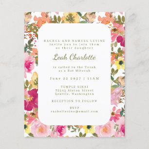 Budget Pink Watercolor Floral Bat Mitzvah Invite