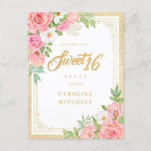 Budget Pink Watercolor Floral Elegant Sweet 16 Invitation Postcard