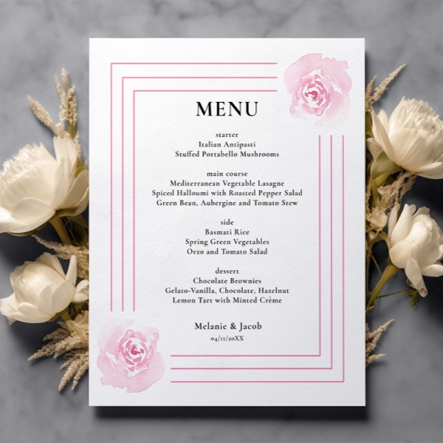 Budget Pink Watercolor Roses wedding Menu (Creator Uploaded)