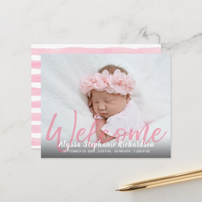 Budget Pink Welcome 1 Photo Baby Announcement (Front/Back In Situ)