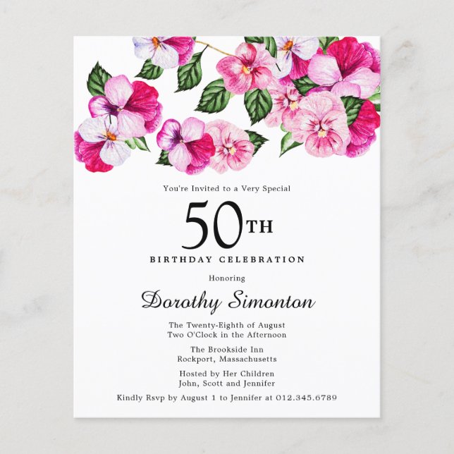 Budget Pink White Floral 50th Birthday Invitation (Front)