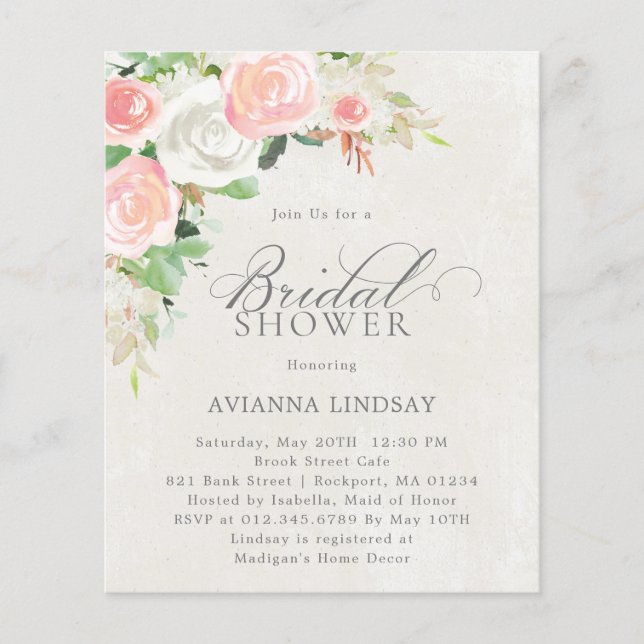 Budget Pink White Floral Bridal Shower Invitation (Front)