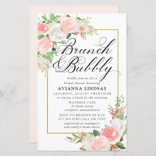 Budget Pink White Floral Brunch Bubbly Invite (Front/Back)
