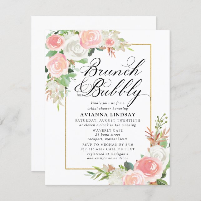 Budget Pink White Floral Brunch Bubbly Invite (Front/Back)