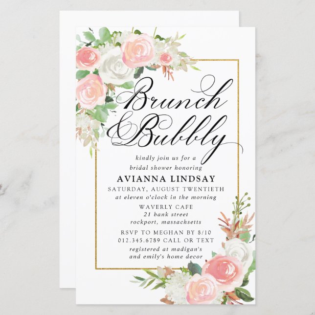 Budget Pink White Floral Brunch Bubbly Invite (Front/Back)