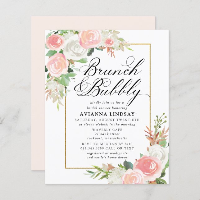 Budget Pink White Floral Brunch Bubbly Invite (Front/Back)