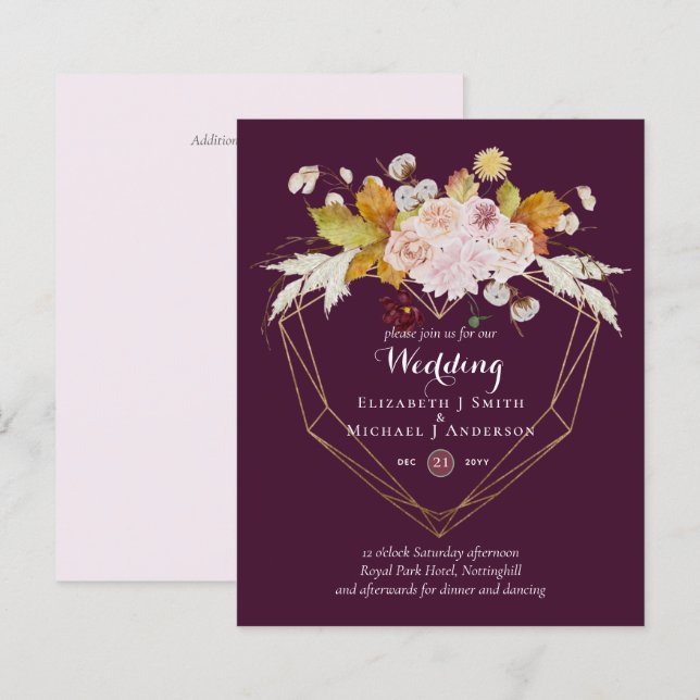 BUDGET Plum and Coral Floral Wedding Invitation (Front/Back)