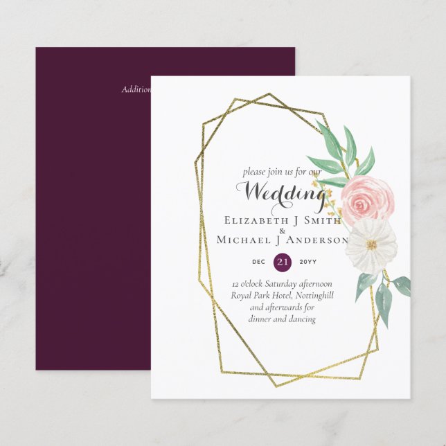 BUDGET Plum and Peach Floral Wedding Invitation (Front/Back)