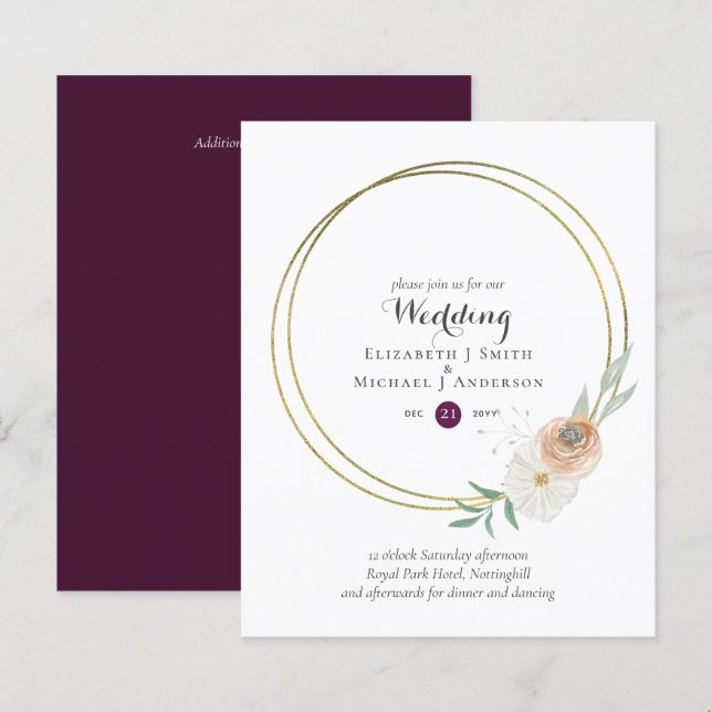 BUDGET Plum and Peach Floral Wedding Invitation (Front/Back)