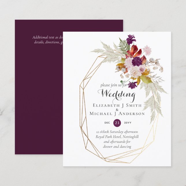 Budget Plum Blooms Ginger Floral Wedding Invites (Front/Back)