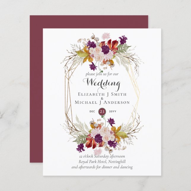 Budget plum Blush Pink Floral Wedding Invites (Front/Back)
