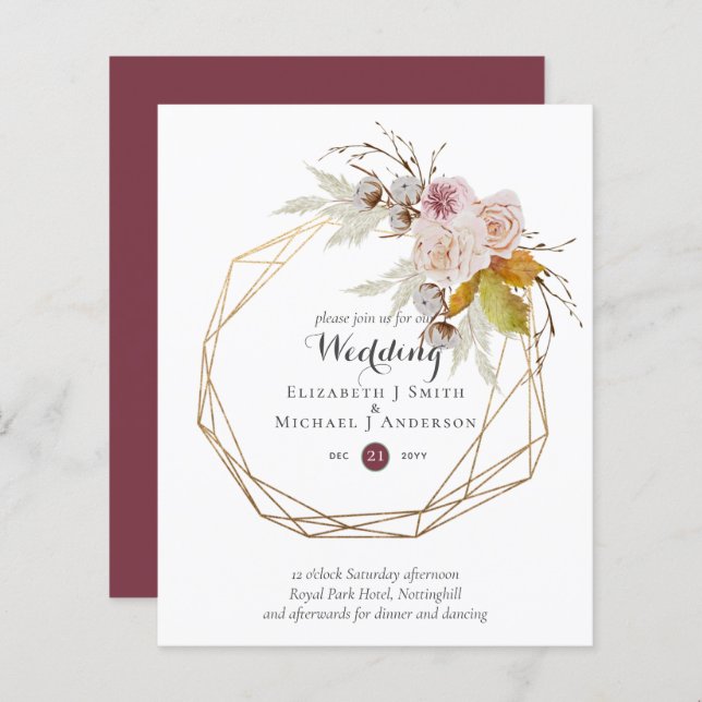 Budget plum Blush Pink Floral Wedding Invites (Front/Back)