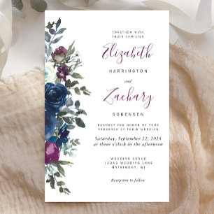 Budget Plum Floral Navy Blue Wedding Invitation