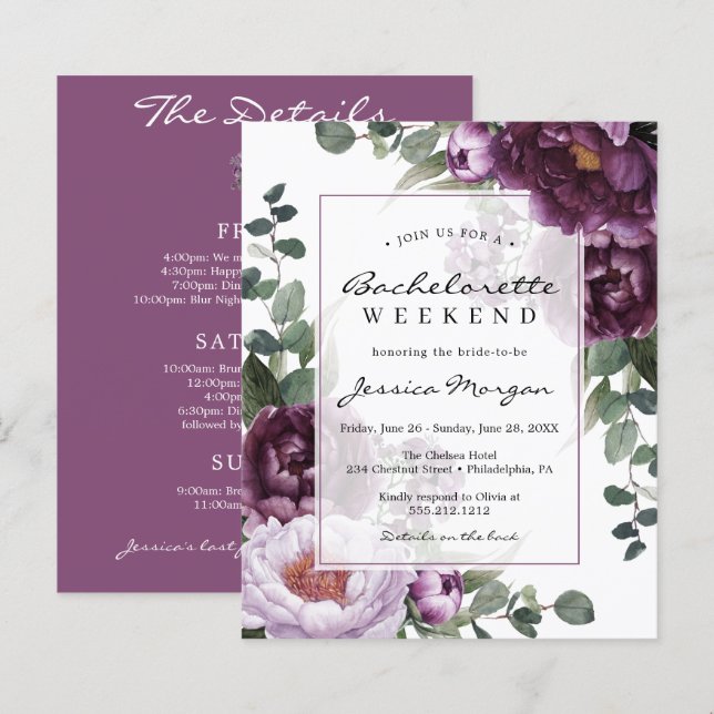 Budget Plum Peonies Bachelorette Party Invitation (Front/Back)