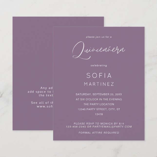 Budget Plum Purple MOD Calligraphy Quinceanera (Front/Back)